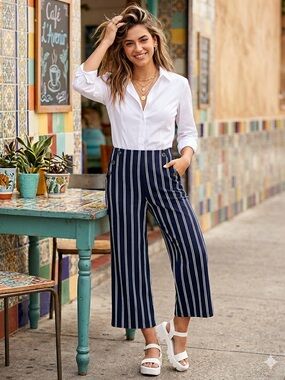 Sailor Pants Wide Leg Nautical Stripes Navy Blue/White Faux Pockets Buttons Sz L
